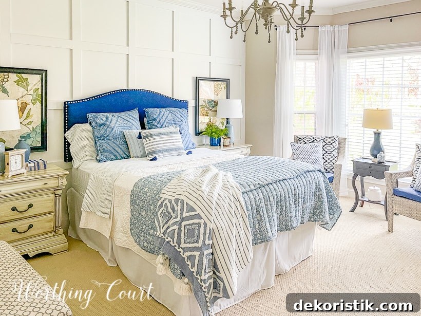 Blue and white bedroom furniture and bedding