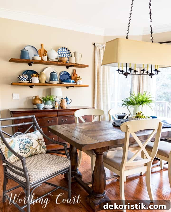 cottage style breakfast nook decorated for spring with blue and white accessories