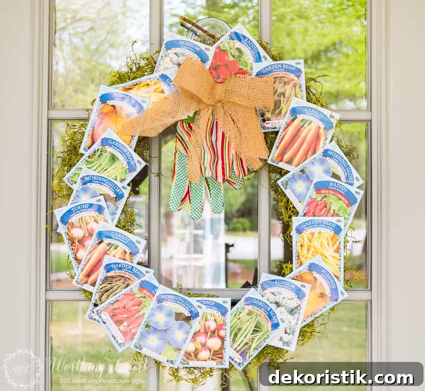 DIY wreath made with seed packets and a bow.