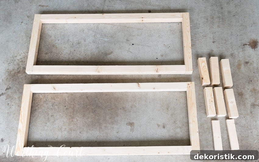 Laying out the pieces for the farmhouse bench.