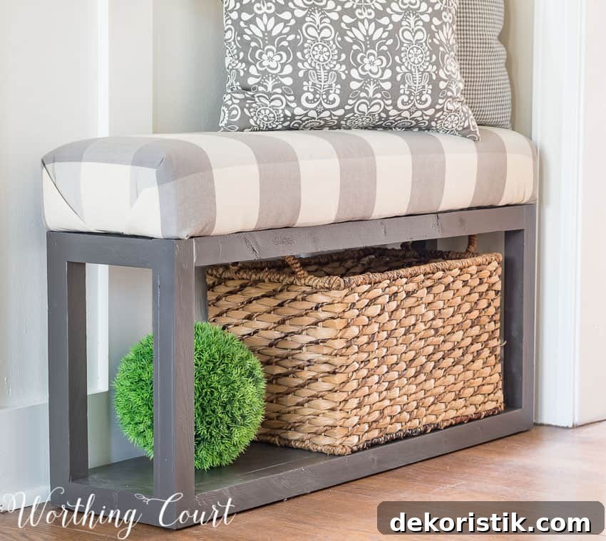 Step by step directions for building and upholstering this easy farmhouse style bench. The measurements can be adapted to any size bench. || Worthing Court