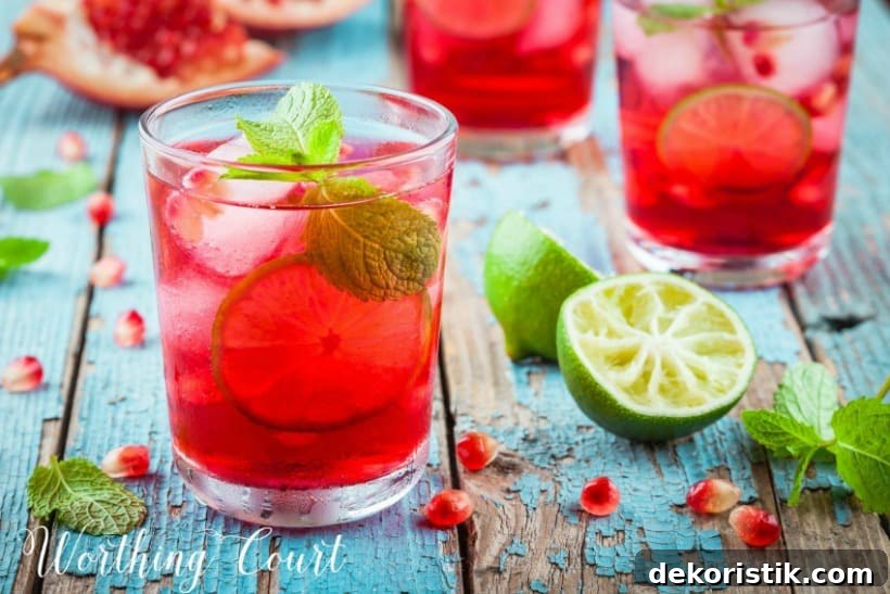 Glass of pomegranate lemonade and mint leaves.