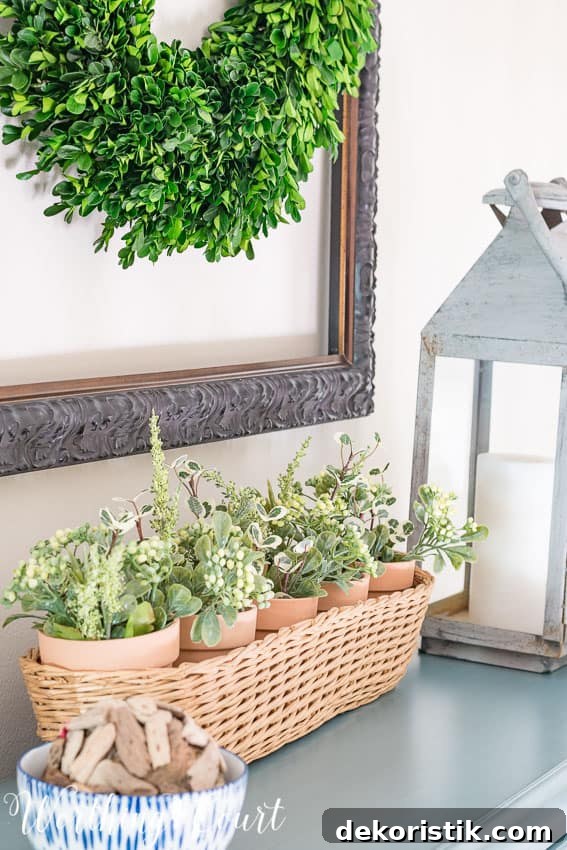 Clay pots from the dollar store placed in a thrifted basket and filled with clippings from artificial greenery bushes on the top of the chest of drawers.