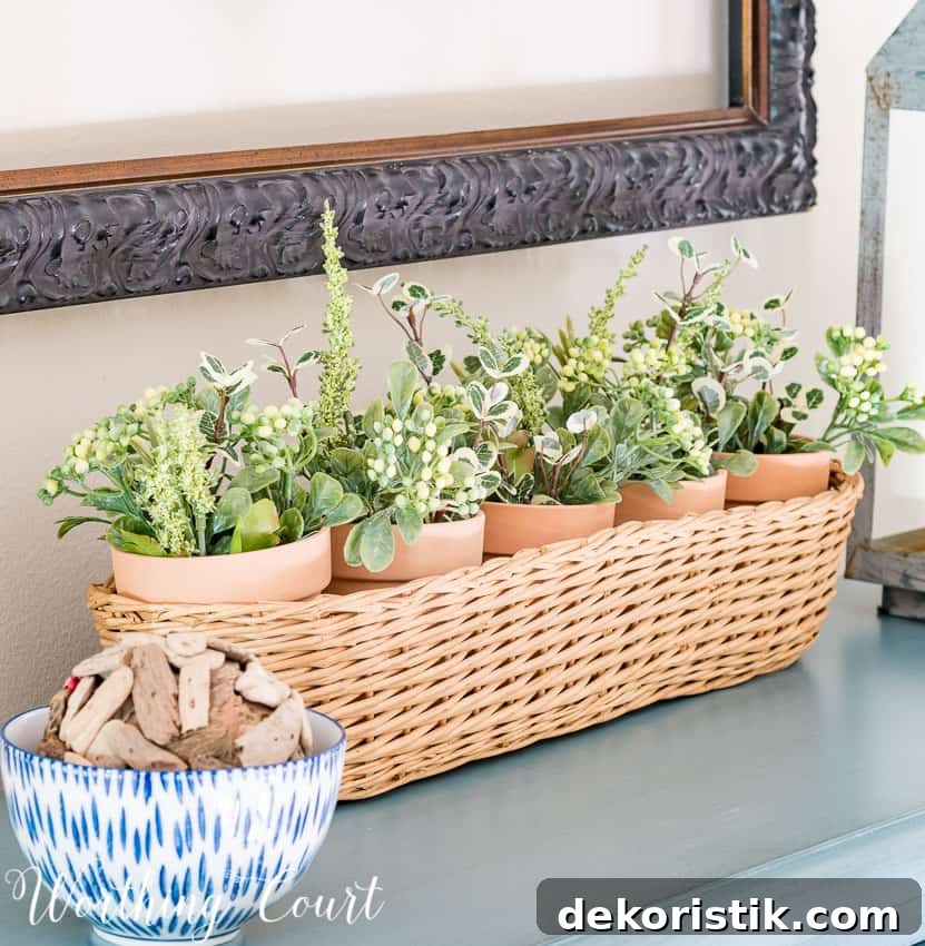 Clay pots inside a narrow basket on the top of the drawers.