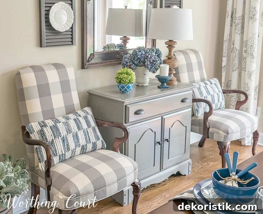 Up close look at the armchairs in the farmhouse decorated dining room.