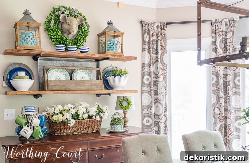 Rustic farmhouse open shelves decorated with blue and green for summer || Worthing Court