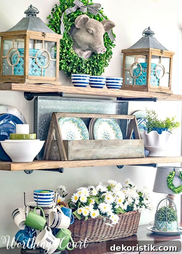 Rustic farmhouse open shelves with blue and green summer decor || Worthing Court