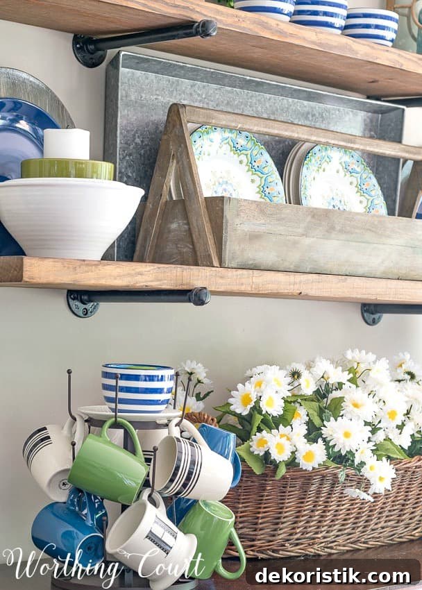 Rustic farmhouse open shelves decorated with blue and green for summer || Worthing Court