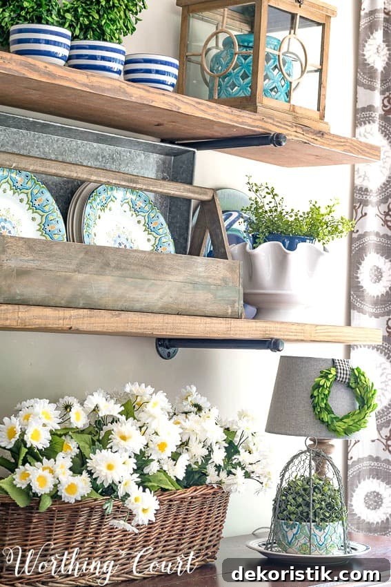 Rustic farmhouse open shelves decorated with blue and green for summer || Worthing Court