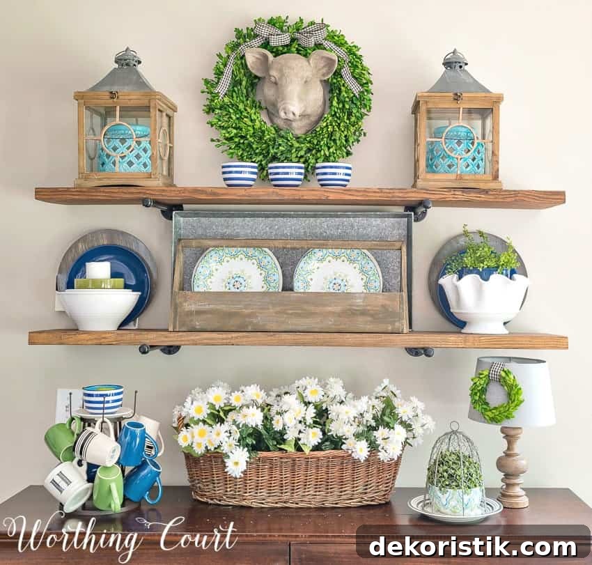 Rustic farmhouse open shelves decorated with blue and green for the summer || Worthing Court