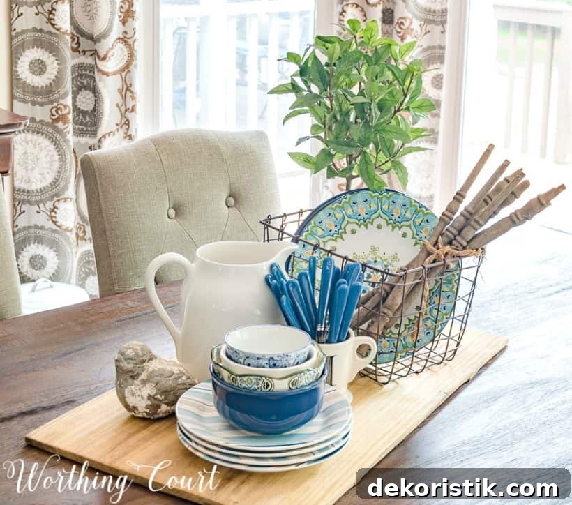 Blue and white bowls and plates, plus a wooden cutting board.