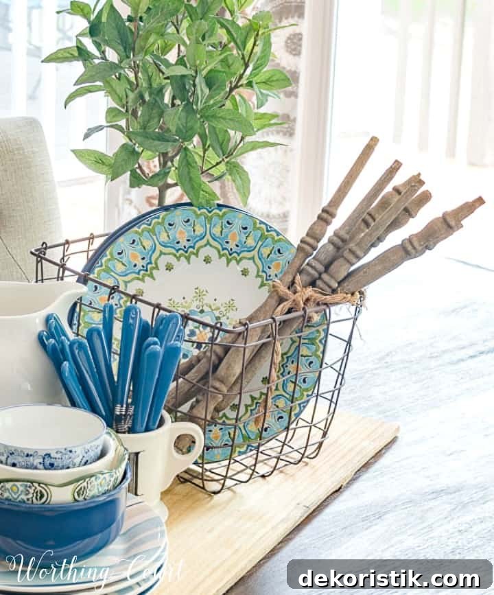 Colorful dishes are in the summer centerpiece.