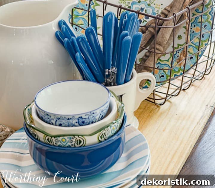 Colorful bowls and blue cutlery.