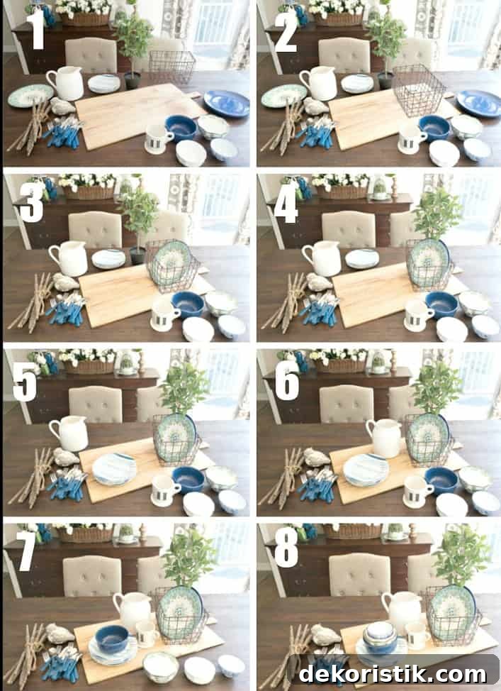 step by step directions to make a centerpiece with blue white and green dishes on a breadboard
