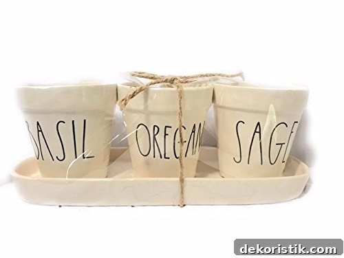The white pots with words in black tied with a string.