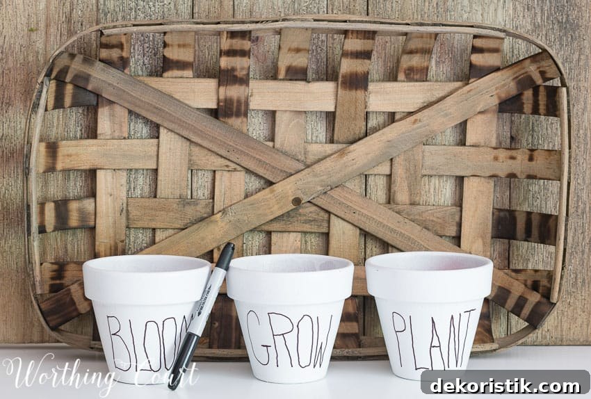 The white pots with a black pen beside them.