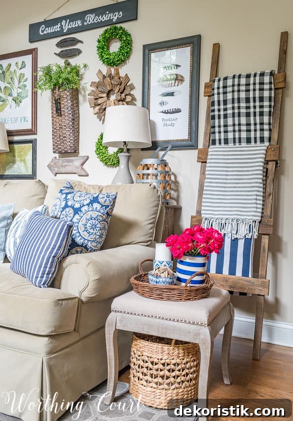 DIY rustic blanket ladder filled with summer throws || Worthing Court