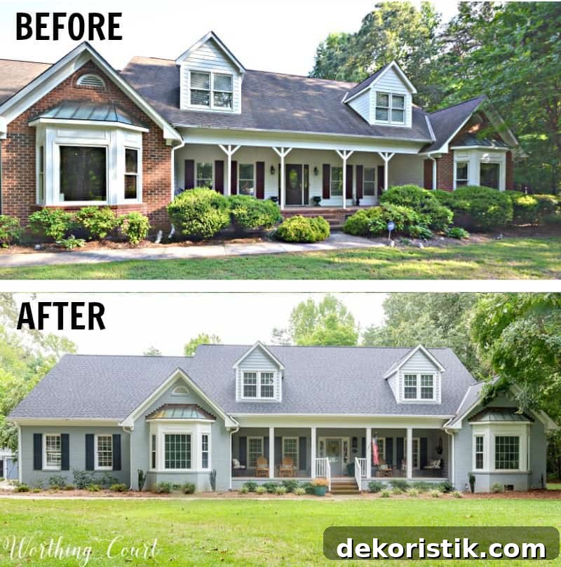 Red brick ranch house before and after painting gray.