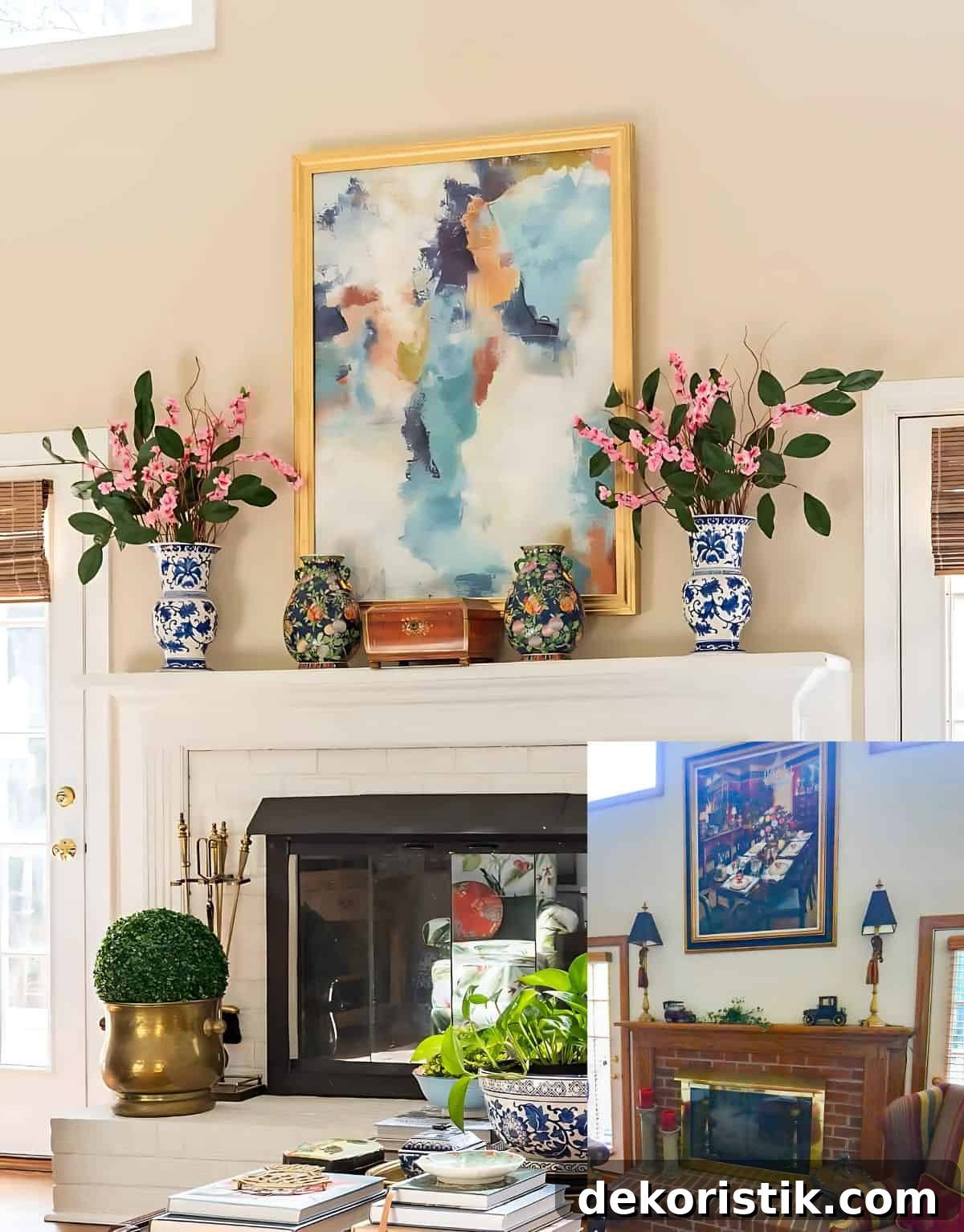 white brick fireplace with abstract art above decorated for spring