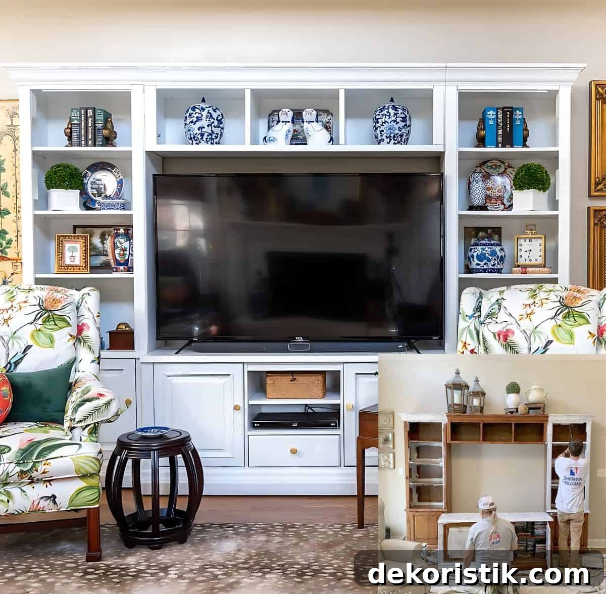 white entertainment center decorated with chinoiserie accessories