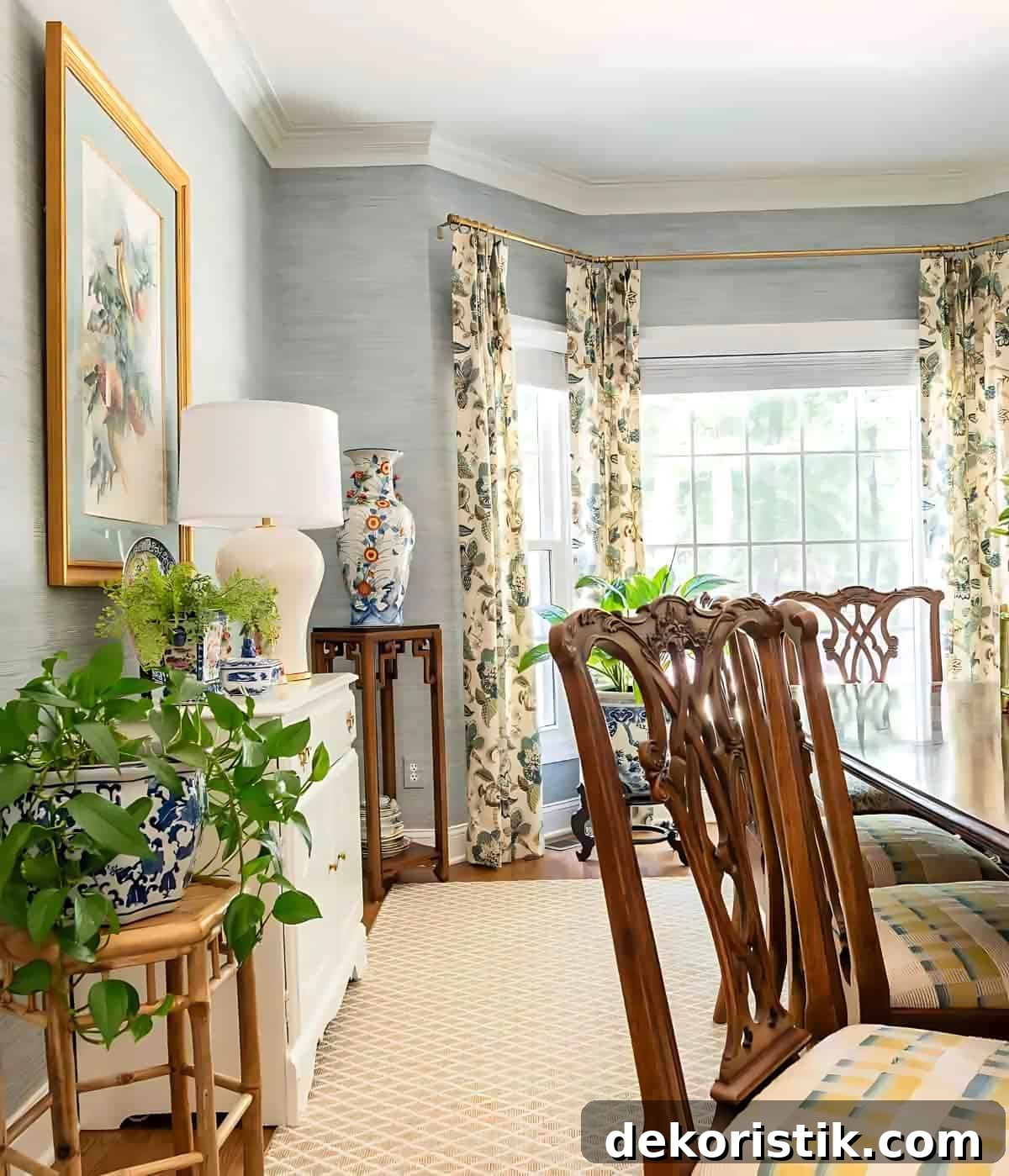 Peel-and-stick grasscloth wallpaper in dining room