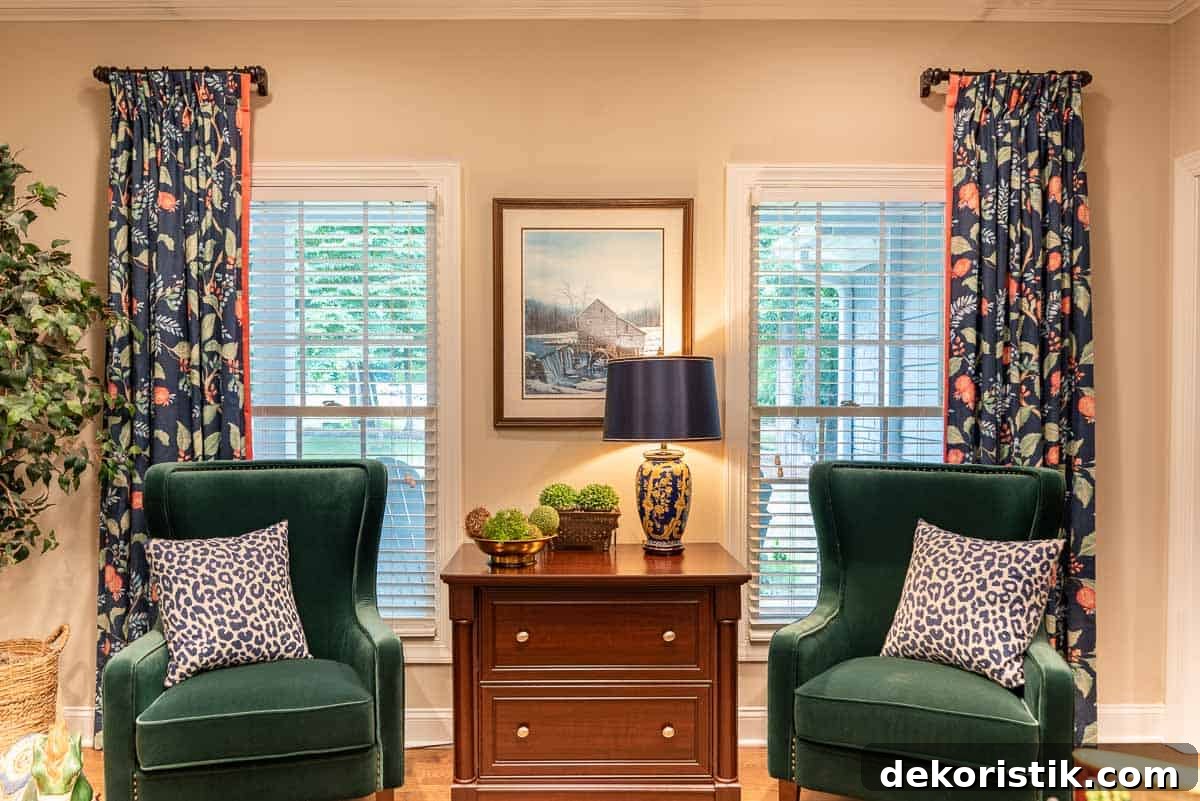Windows framed by drapery panels