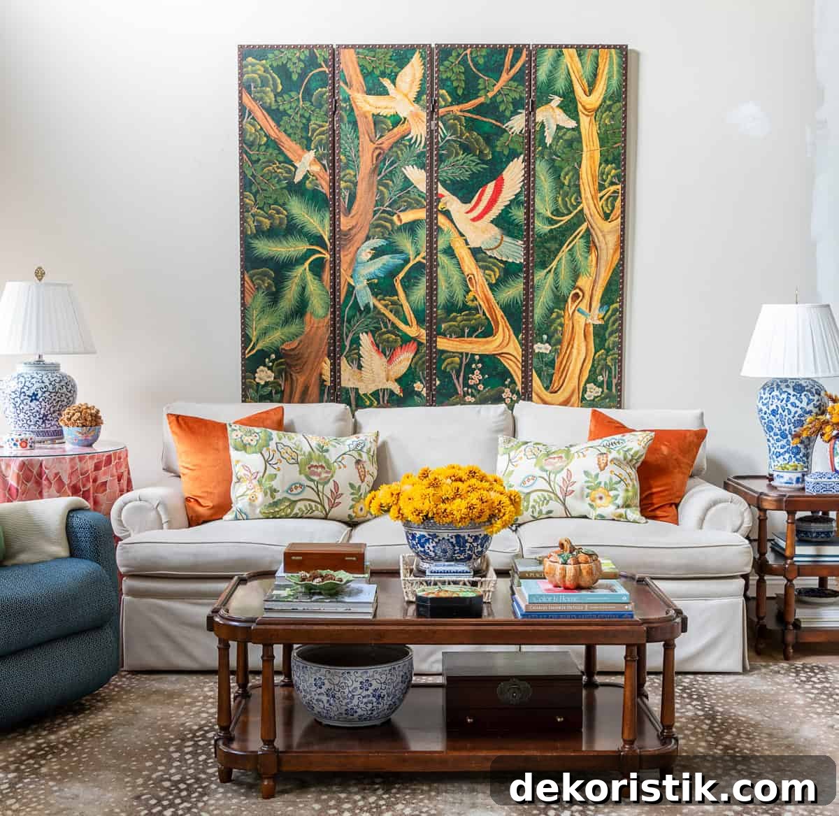 Oversized artwork on vaulted wall
