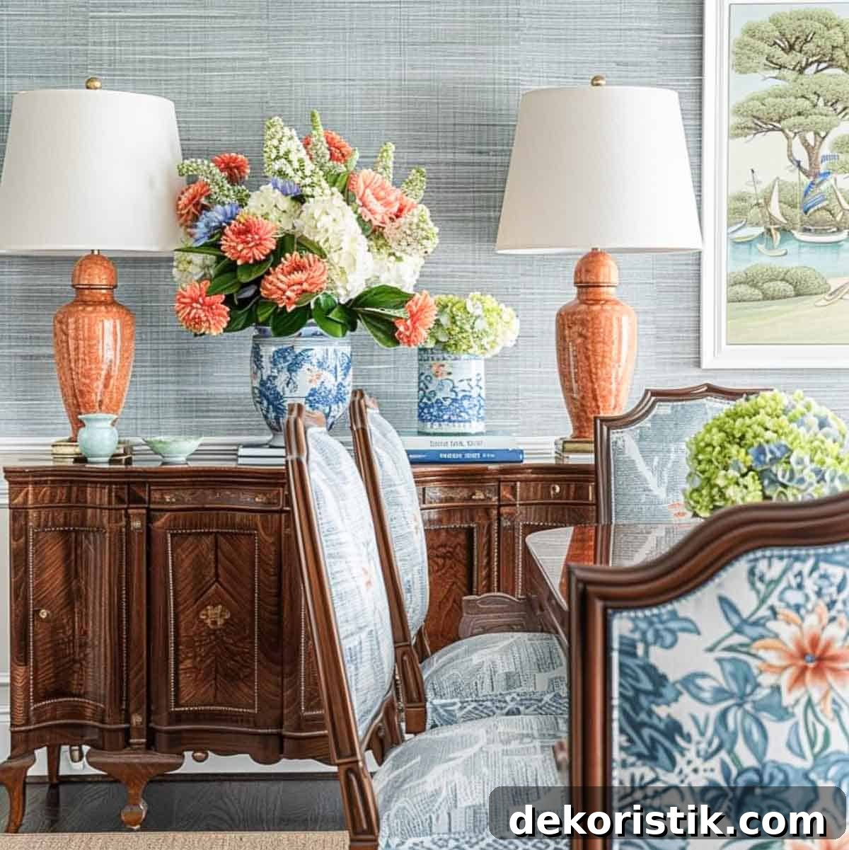 Colorful floral centerpiece with vases on vintage wooden sideboard for elegant home decor.