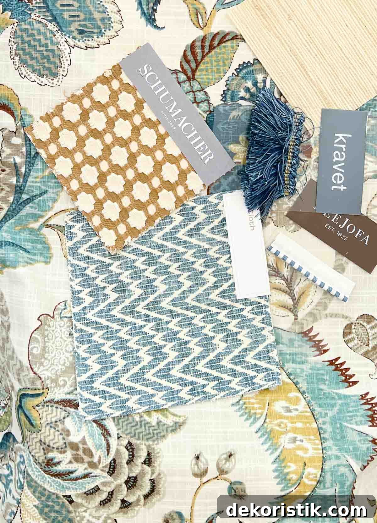 overhead view of a assorted fabric sample in blue, white and beige tones