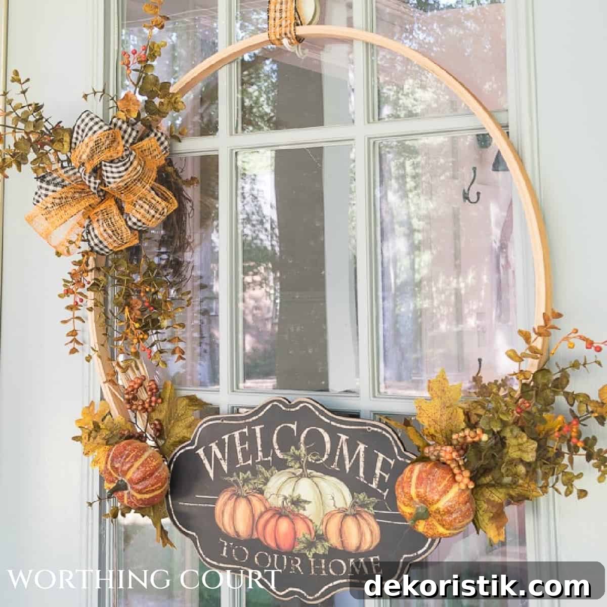 diy fall wreath made with a large embroidery hoop
