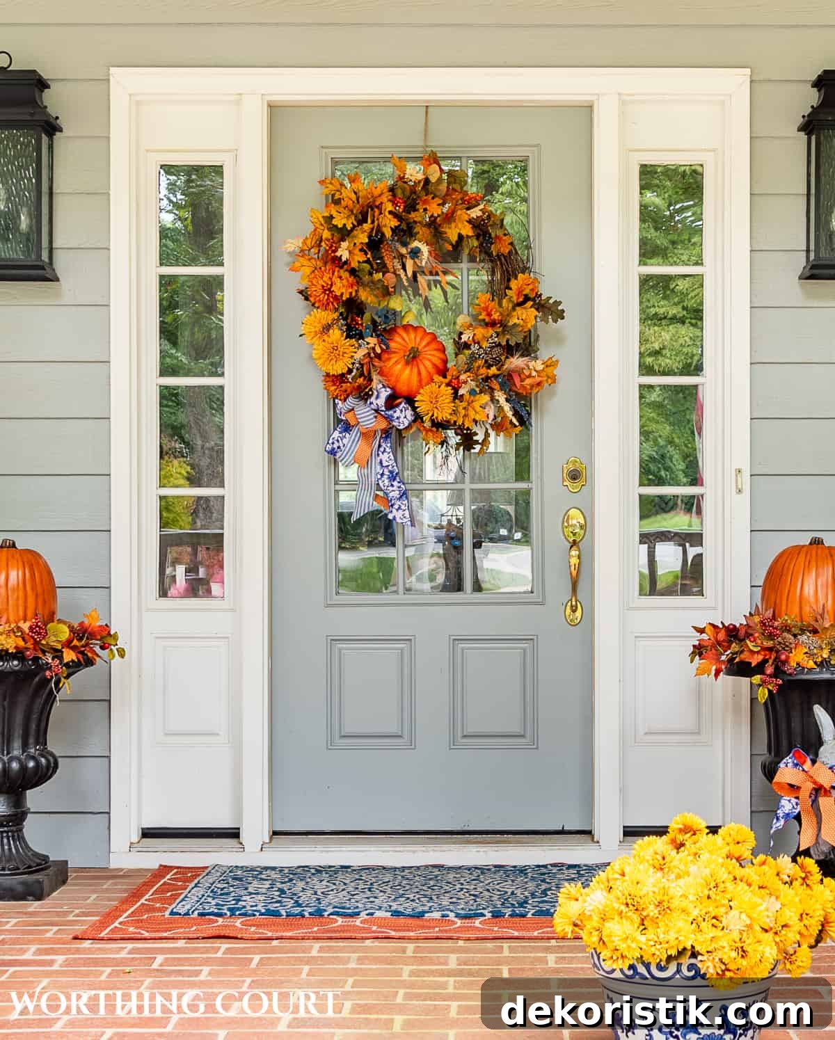 Gray front door on a large front porch with fall wreath flanked by two planters with fall decorations and large pumpkins