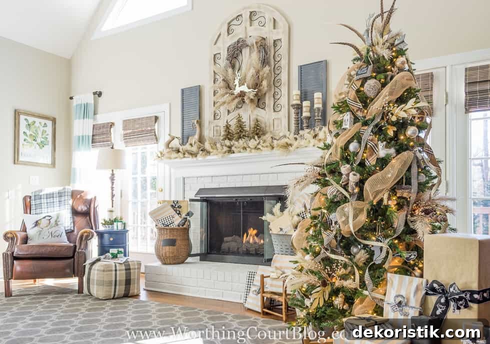 Rustic Meets Glam: Stylish Christmas Decor Ideas 2 Rustic And Glam Christmas Tree And Mantel with a fire in the fireplace.