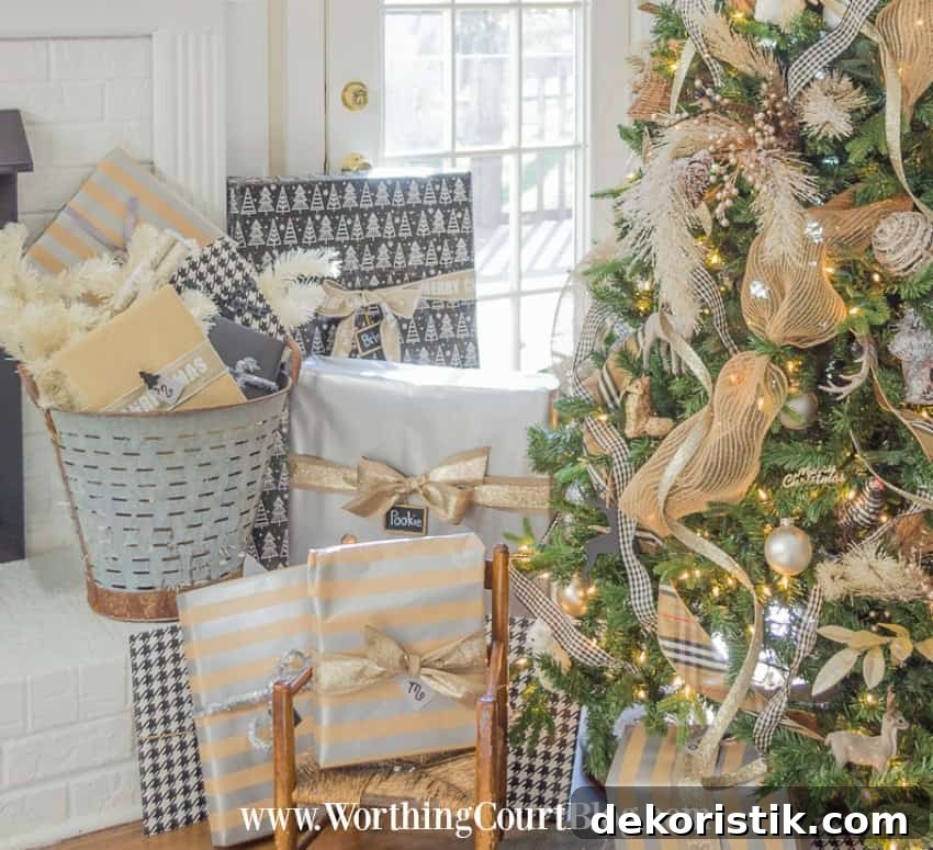 Rustic Meets Glam: Stylish Christmas Decor Ideas 6 Coordinating Rustic Glam Christmas Wrap plus there is a vintage rustic bucket filled with gifts by the fireplace.