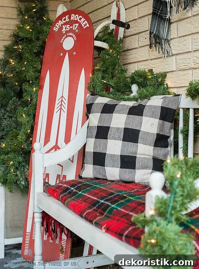 A small bench with a buffalo checked pillow is on the porch.