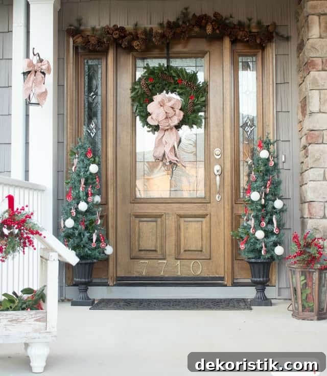 A wooden front door with window in it, plus a Christmas wreath hanging on the door.