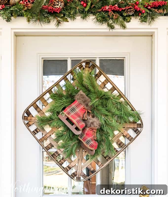 Tobacco basket Christmas wreath is hanging on the front door of the house.