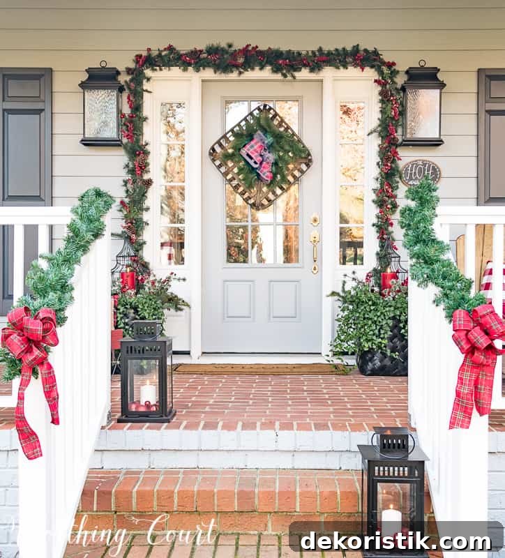 There are large black lanterns with candles in them lining the stairs to the front porch.