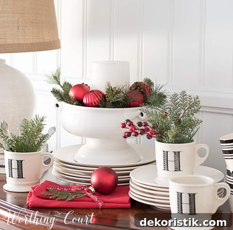Come Home for Christmas Tour: My Cozy Christmas Dining Room 2 Christmas sideboard vignette #christmasdecor #christmasdiningroom #redandwhite