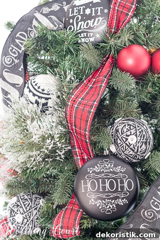 Come Home for Christmas Tour: My Cozy Christmas Dining Room 5 Red, black and white Christmas tree with chalkboard ornaments #christmastrees #chalkboard