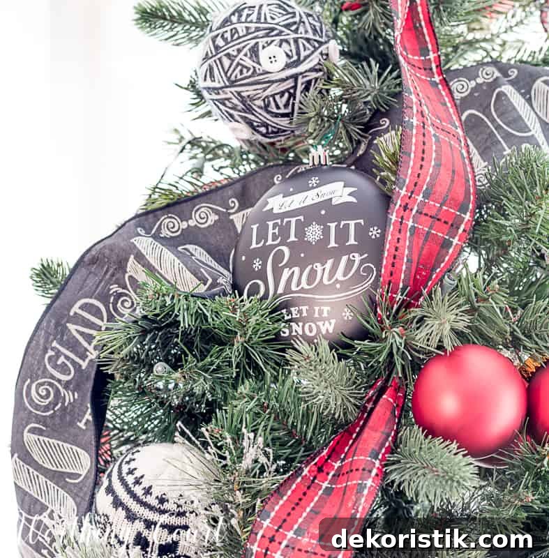 Come Home for Christmas Tour: My Cozy Christmas Dining Room 6 Red, black and white Christmas tree with chalkboard ornaments #christmastrees #chalkboard