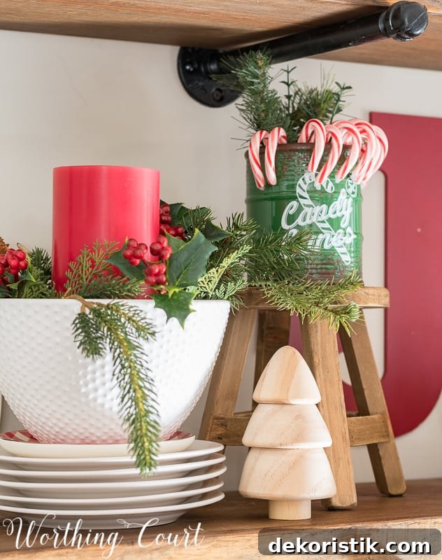 Red and green Christmas vignette #christmas #christmasdecor #candycanes