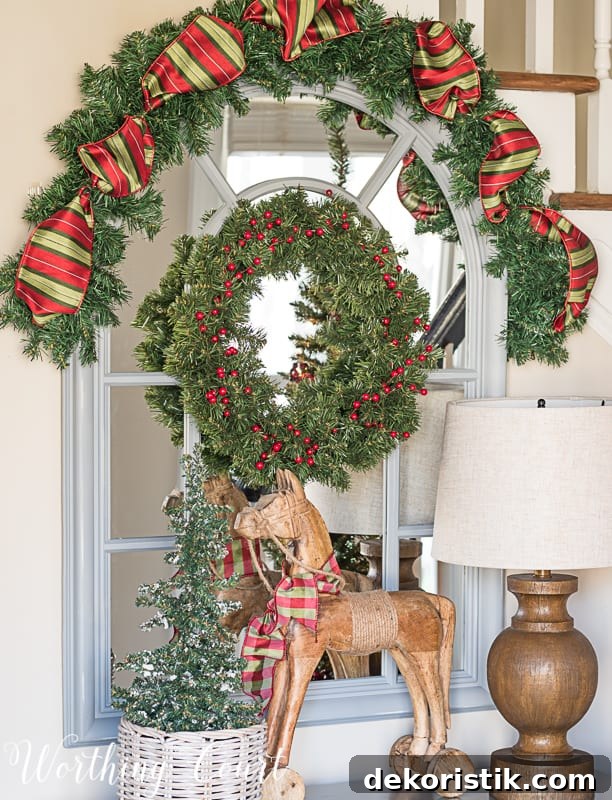 Christmas garland with red and green silk ribbon #christmasdecor #christmasgarlands