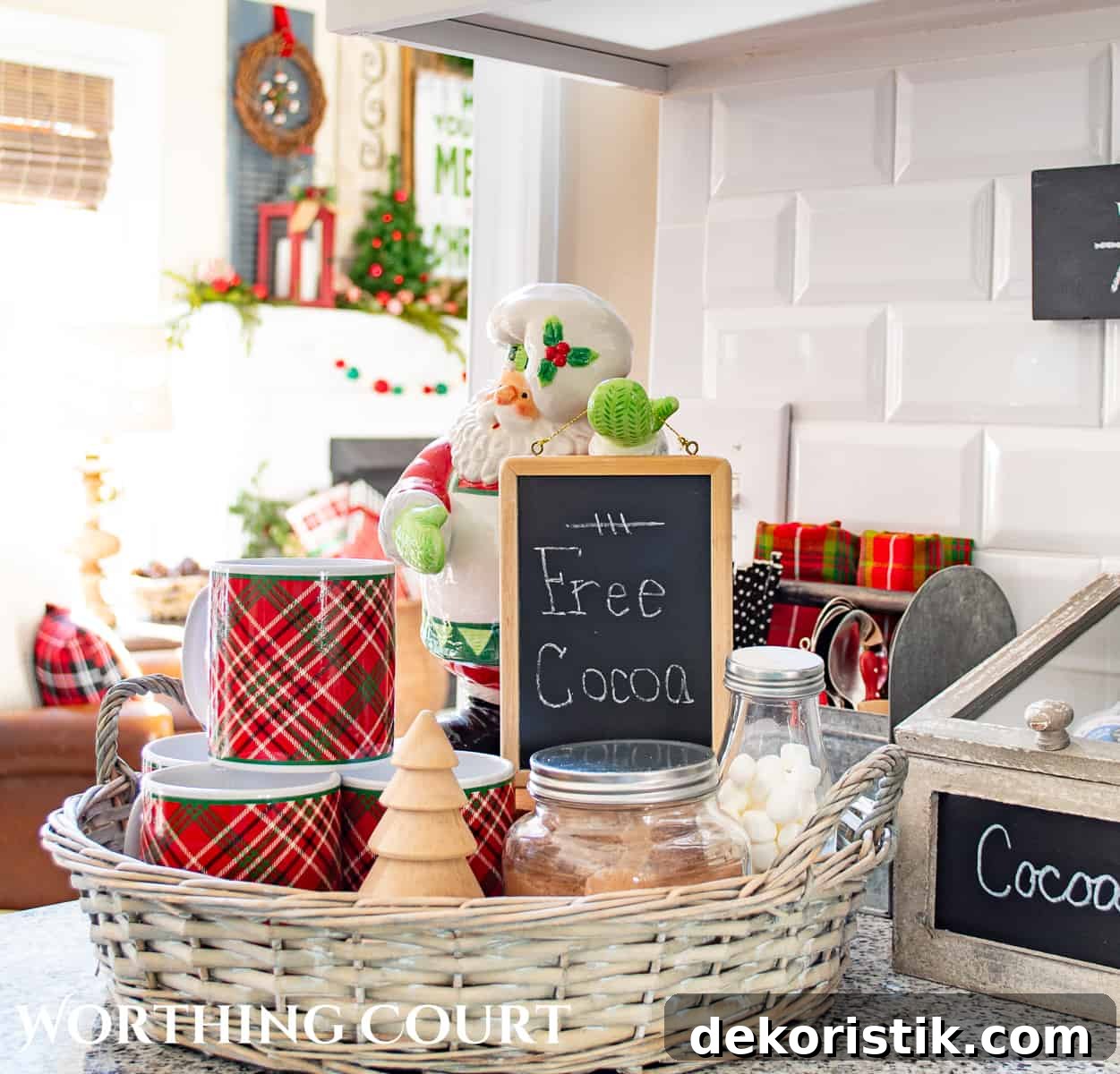 round wicker tray with a Santa holding a hot cocoa sign and Christmas mugs