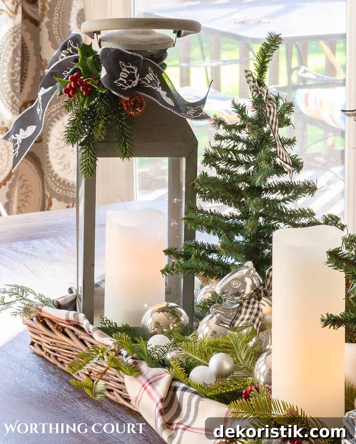 wicker tray on a table with a lantern, candles, mini Christmas trees
