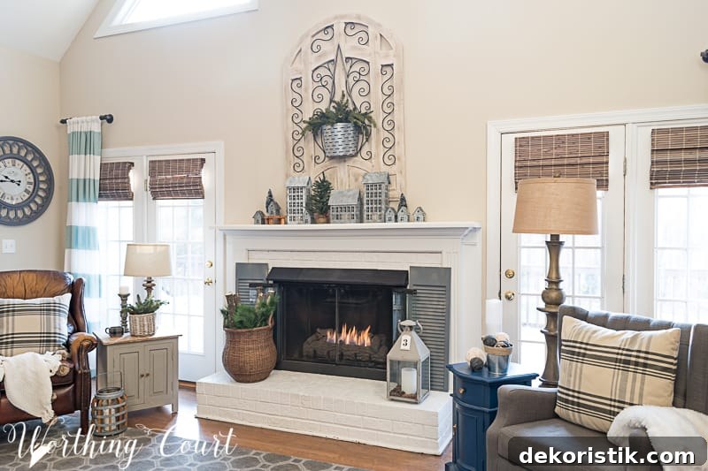 Winter fireplace decor, white painted brick fireplace, farmhouse decor.
