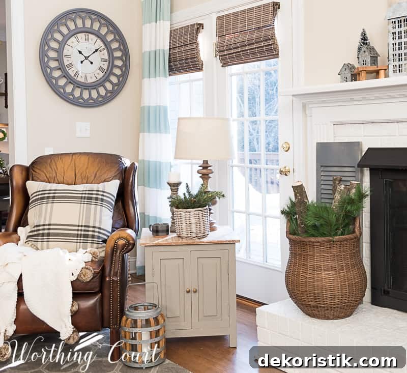 Farmhouse winter decor, leather recliner, winter decorations.