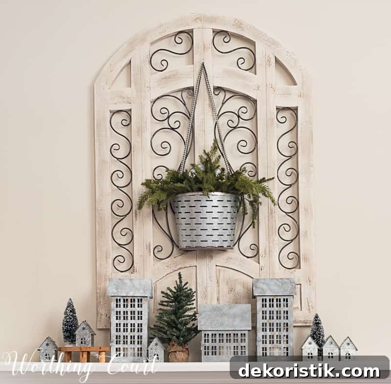 Winter fireplace decor, tin houses, farmhouse style.