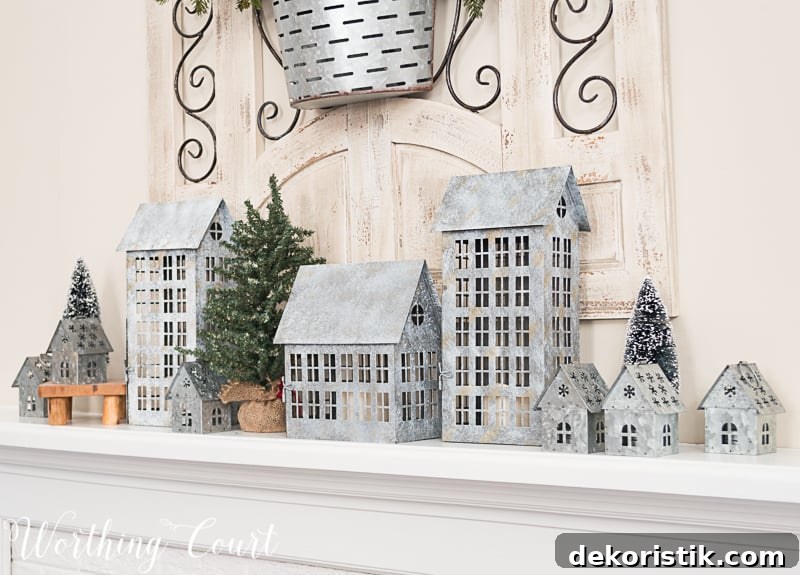 Galvanized metal houses, winter fireplace decorations, farmhouse style