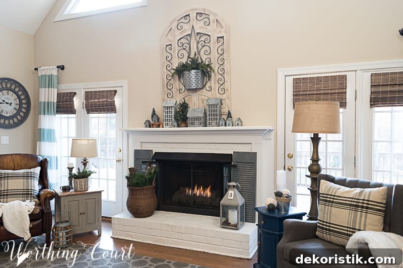 Winter fireplace decor, white painted brick fireplace, farmhouse decor,