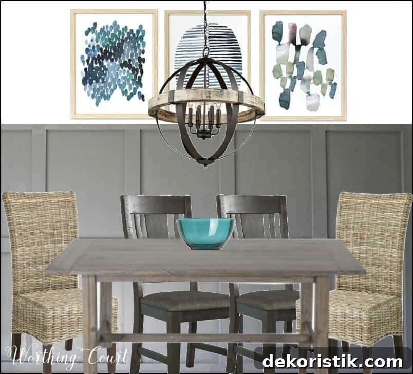 Modern farmhouse dining room, gray board and batten, rustic chandelier, affordable art